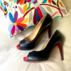 peep toe stiletto high heels with red outer leather sole, size 41 US 10 black